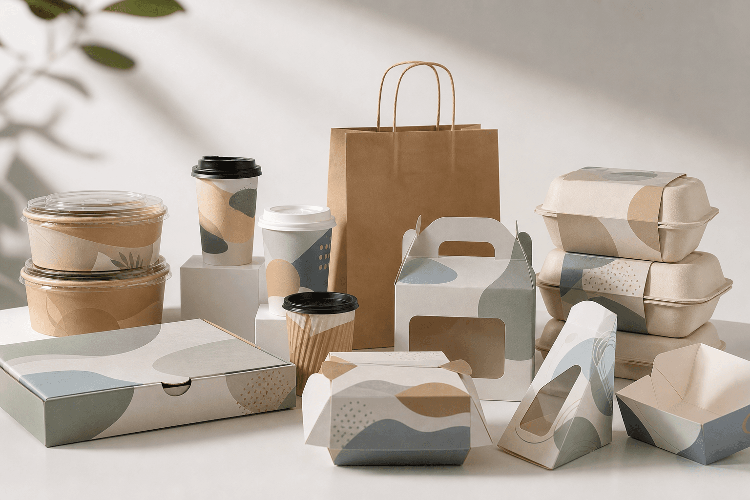 Custom printed takeaway packaging mockups and branded foodservice packs
